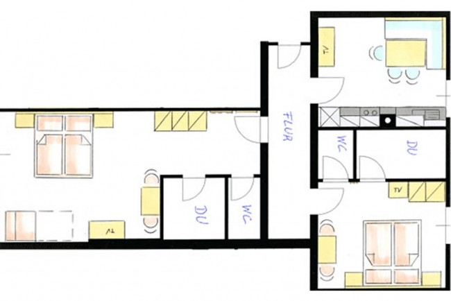 Skizze Appartement B für 2 bis 5 Personen