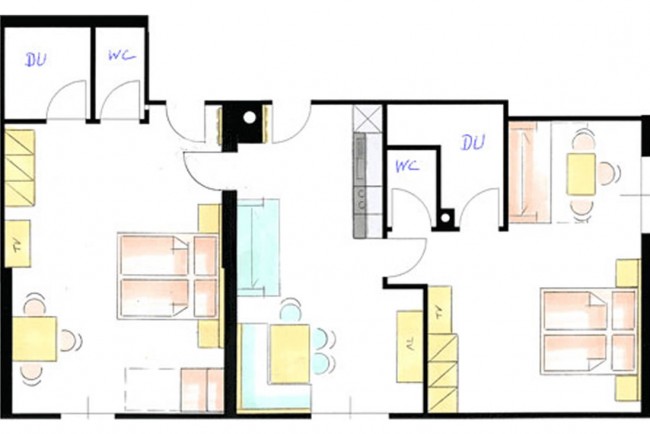 Skizze Appartement D für 4  bis 6 Personen